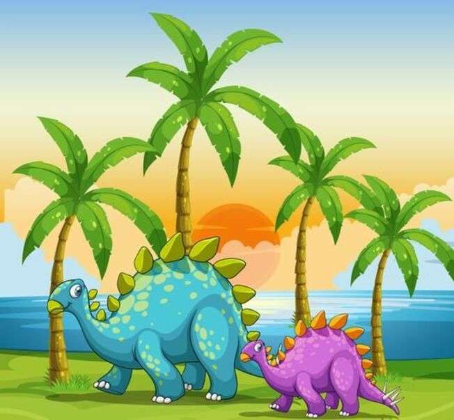 Dinozaury na plaży o zachodzie słońca puzzle online
