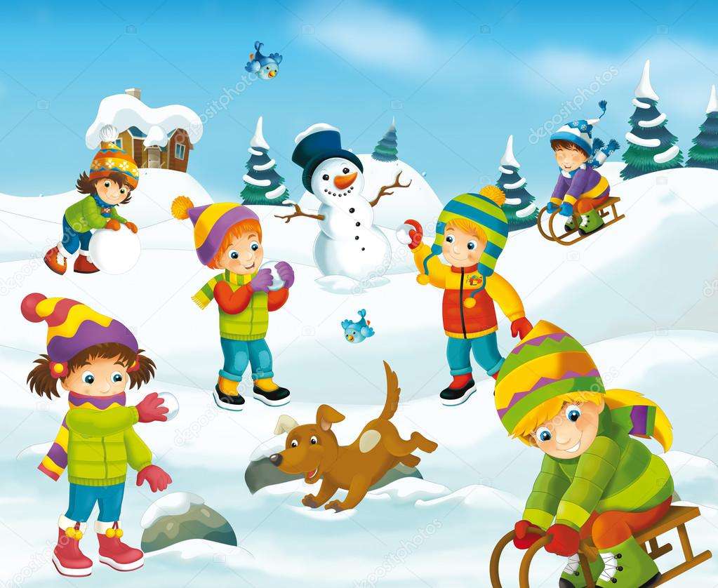 Dzieci bawią się na śniegu puzzle online