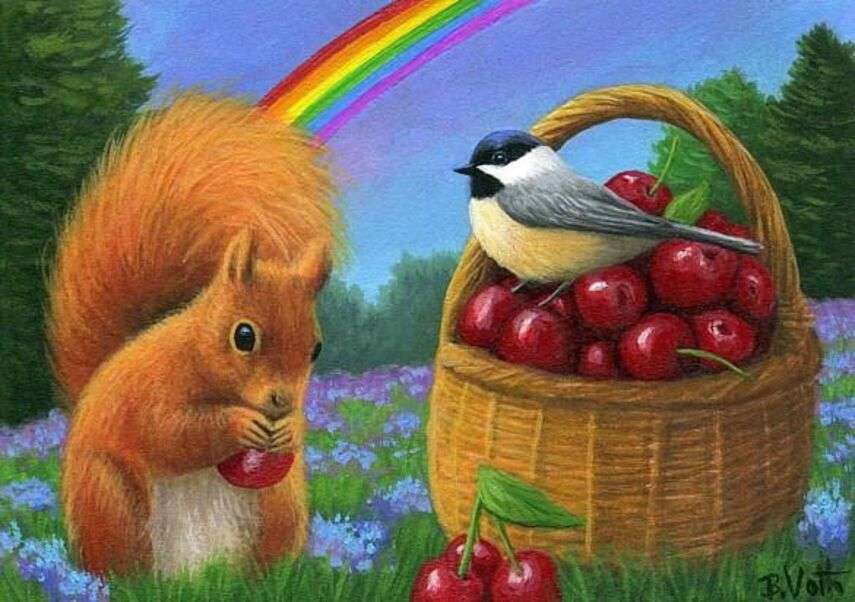 Kleines Eichhörnchen frisst Äpfel aus dem Korb Puzzle