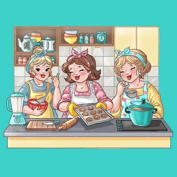 Trzech przyjaciół przygotowuje ciasto puzzle online