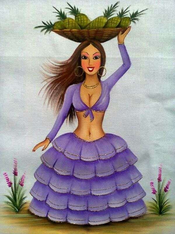 Rumberita dziewczyna w liliowym stroju z ananasowym koszem puzzle online