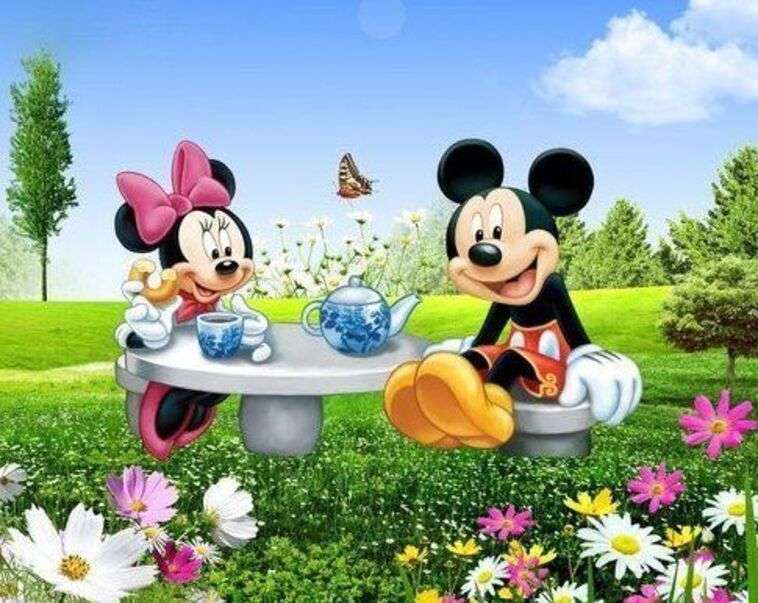 Mickey i Minnie piją kawę w terenie puzzle online