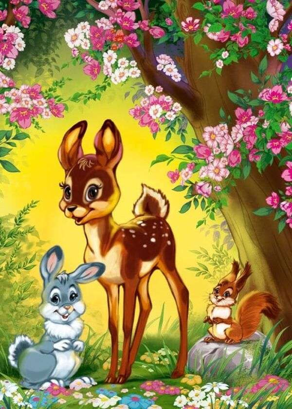 Bambi, Hase, Eichhörnchen zwischen Blumen u Puzzle