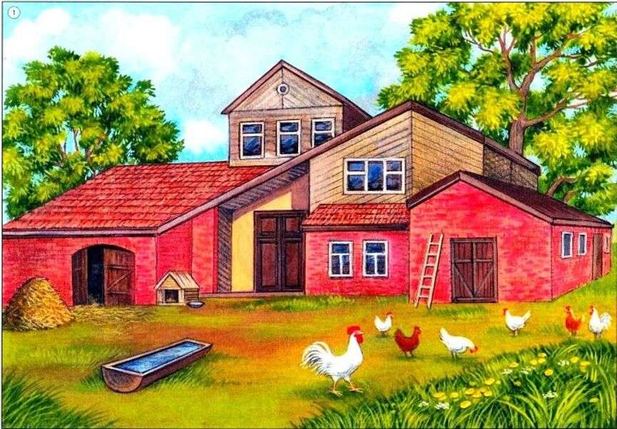 Krajobraz # 78 - Duży wiejski dom z kurczakami puzzle online