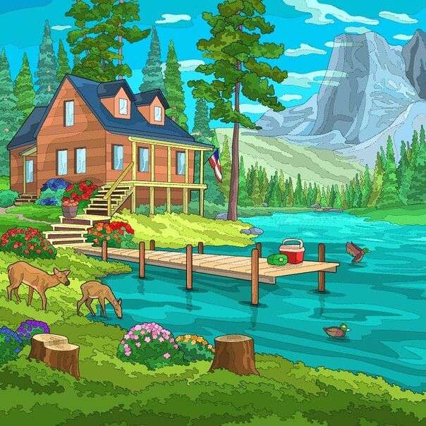 Krajobraz # 79 - Dom w stylu domku nad dużym jeziorem puzzle online