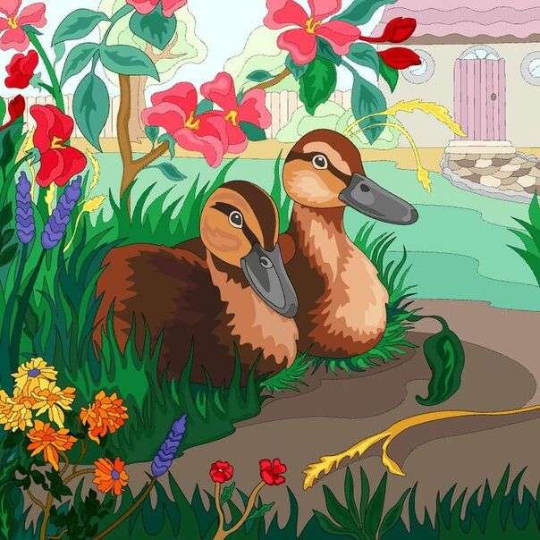 Dwie kaczuszki odpoczywają w trawie puzzle online