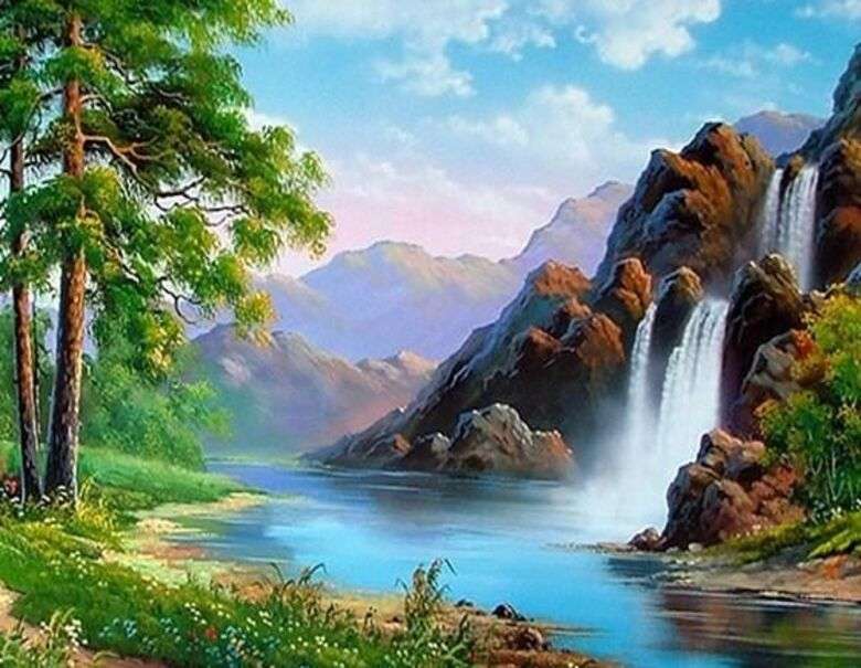 Krajobraz # 80 - Piękny wodospad w górach puzzle online