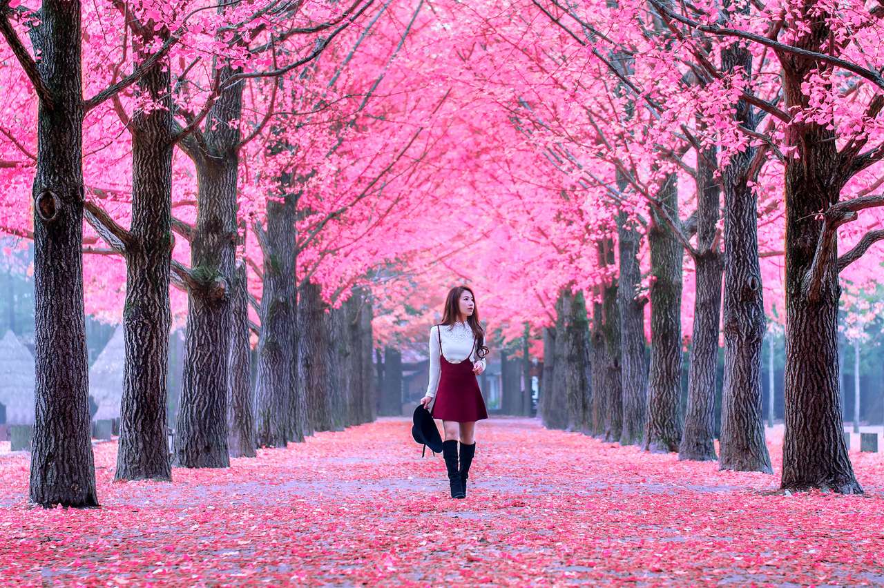 Piękna dziewczyna z różowymi liśćmi na wyspie Nami, Korea Południowa. puzzle online