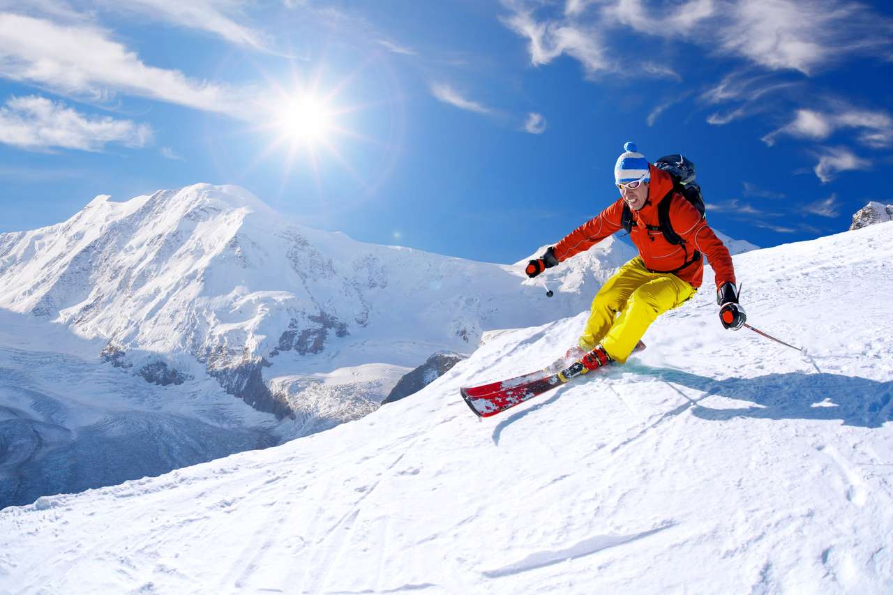Esquiador esqui downhill em altas montanhas, Suíça quebra-cabeça