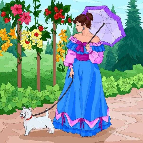 Elegancka dama spaceruje ze swoim szczeniakiem puzzle online