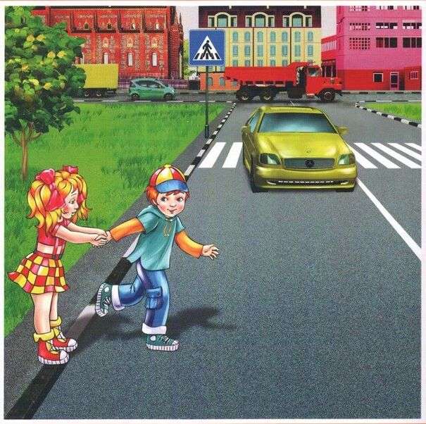 Dzieci przechodzące przez ulicę w niebezpiecznym obszarze puzzle online