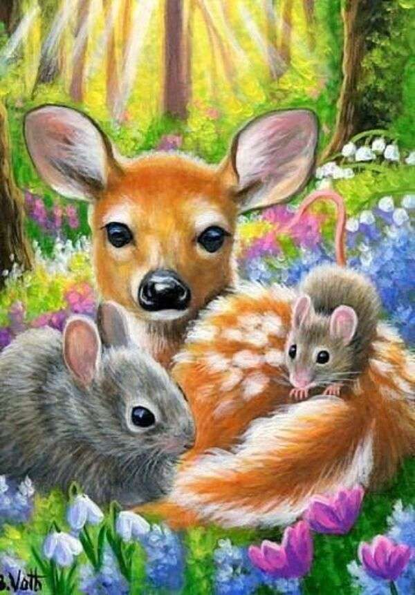 Piękny Bambi z dwiema myszkami puzzle online