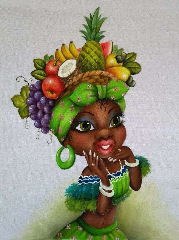 Czarna dziewczyna nosi na głowie kosz owoców puzzle online