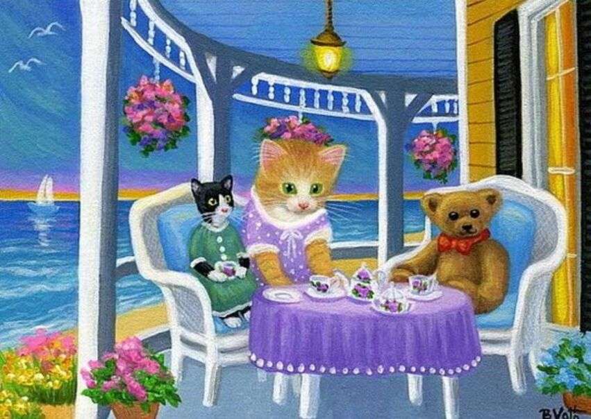 Kocięta na tarasie nad morzem piją kawę puzzle online