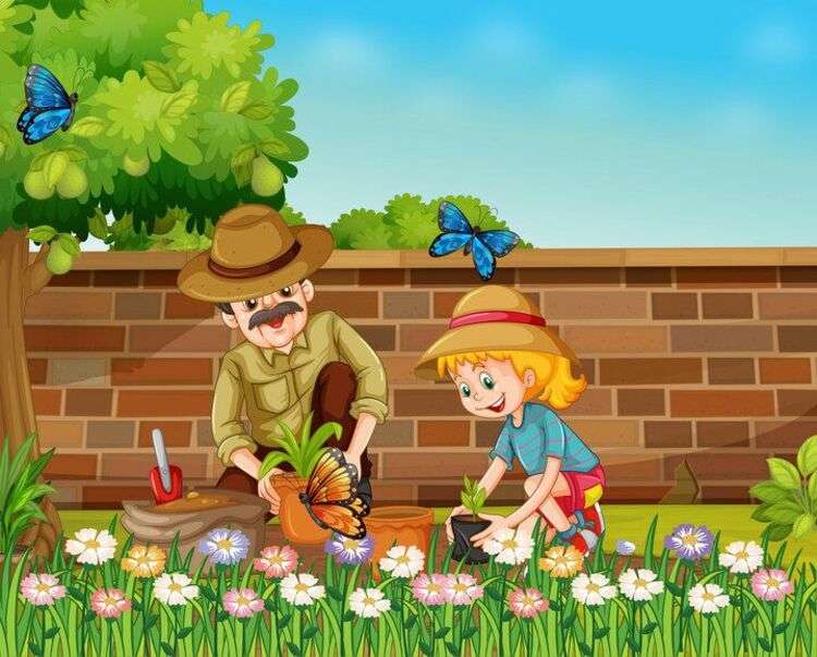 Tata z małą córeczką sadzi rośliny puzzle online