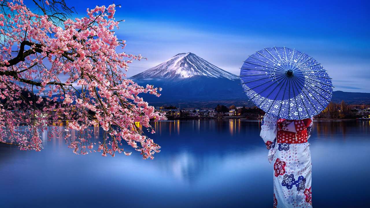 Góra Fuji i kwiat wiśni puzzle online