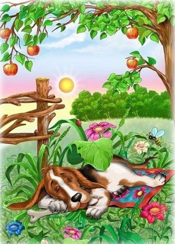 Szczeniak śpi pod jabłonią puzzle online