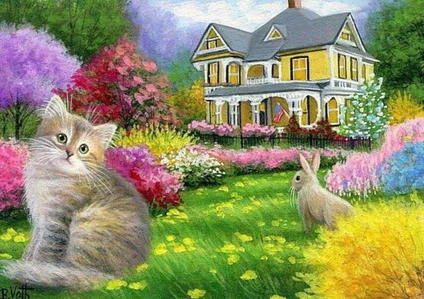Kotek i Królik przed domem z ogrodem puzzle online