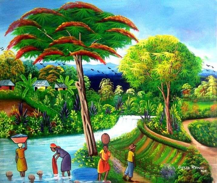 Ludzie piorą ubrania w rzece na Haiti - Art nr 1 puzzle online