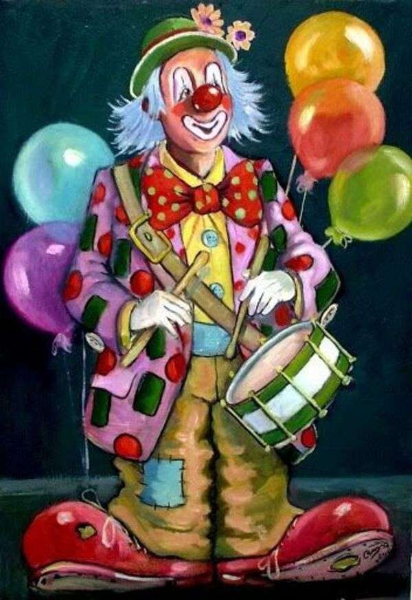 Mały klaun z balonami grający na bębnie puzzle online