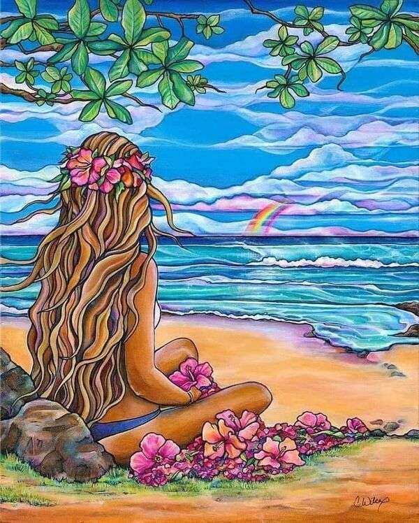 La fille apprécie le soleil et beaucoup de paix sur la plage puzzle