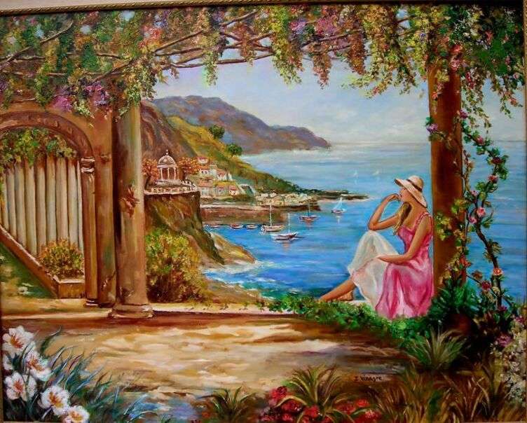 Girl enjoying gardens and ocean view jigsaw puzzle