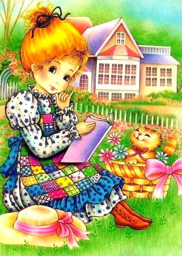 Mała dziewczynka czytająca w towarzystwie kociaka puzzle online