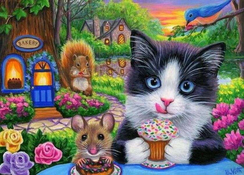 Kotek i Mysz delektują się tym, co jedzą puzzle online