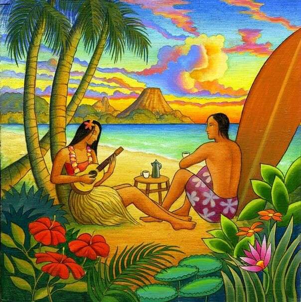 Piękny zachód słońca na plaży na Hawajach - Sztuka nr 1 puzzle online