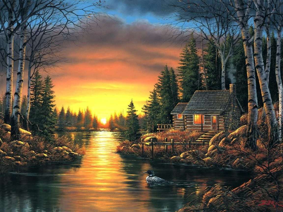 Zachód słońca- rzeka, dom puzzle online