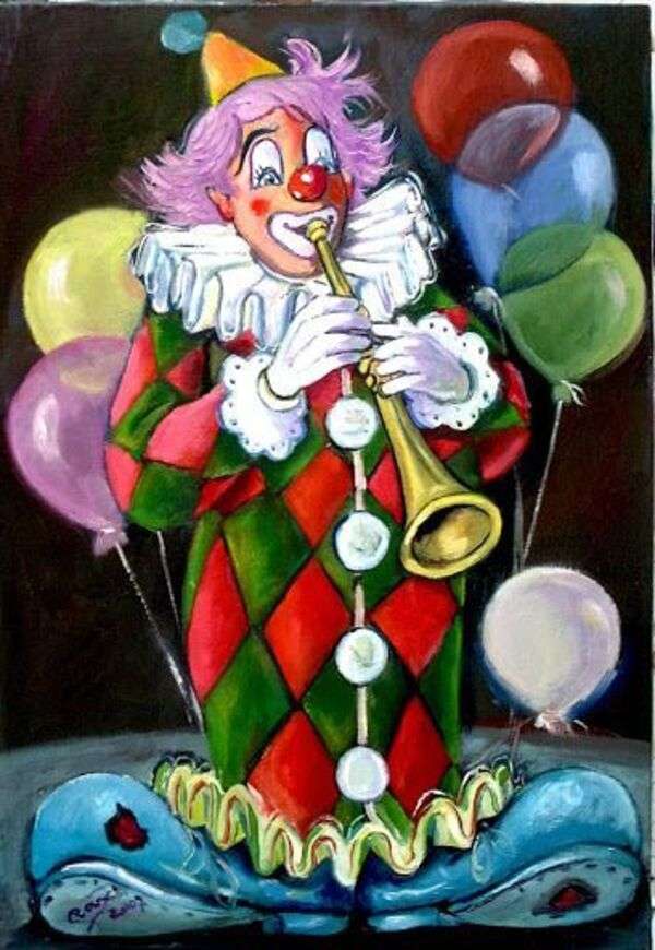Mały klaun grający na trąbce i wiele balonów puzzle online