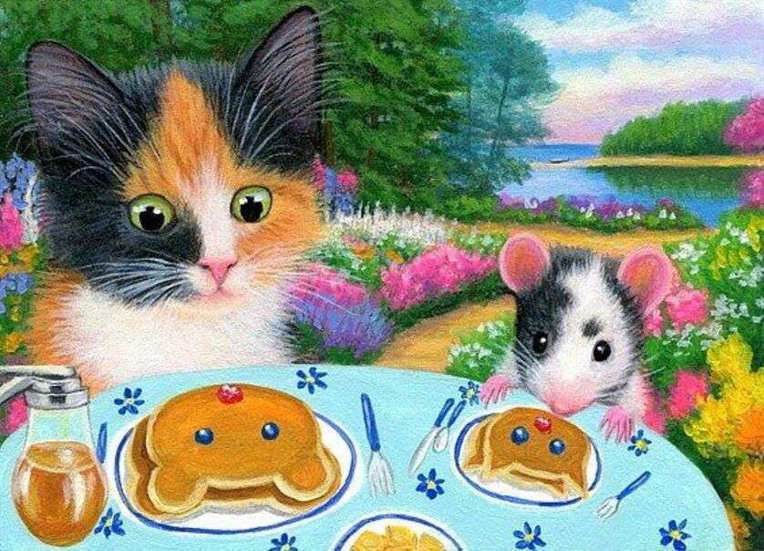 Kotek i Myszka pod wrażeniem ciasta naleśnikowego puzzle online