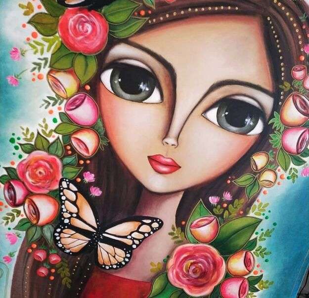 Zalotna dziewczyna z różami i motylami puzzle online