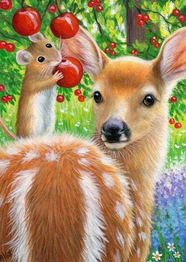 Mała myszka je jabłka z Bambim obok niego puzzle online