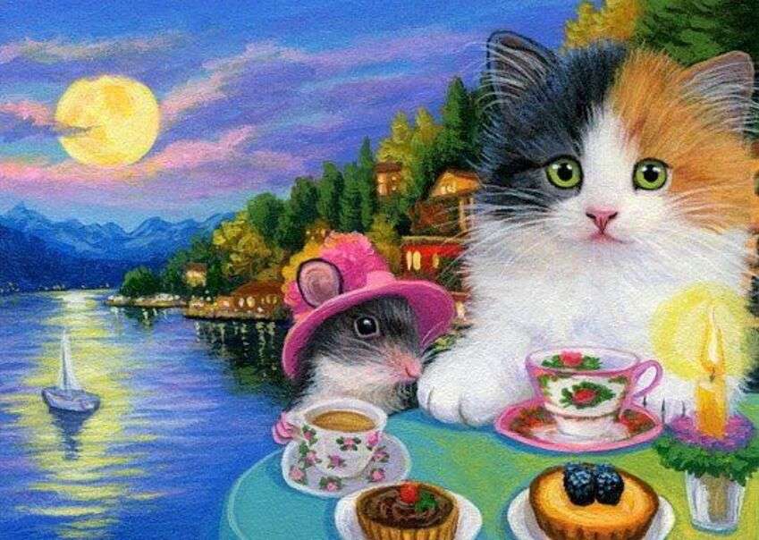 Kotek i Myszka piją kawę nad jeziorem puzzle online