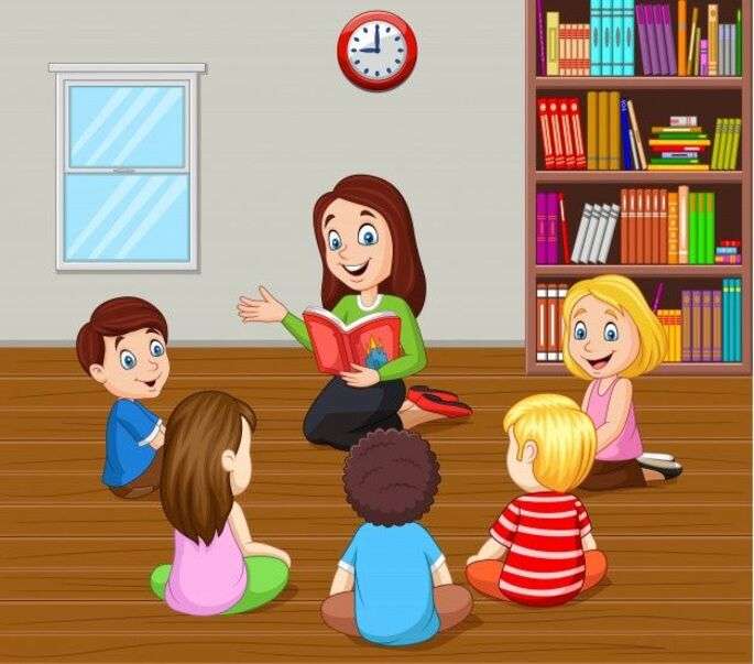 Nauczycielka w przedszkolu czyta bajkę małym dzieciom puzzle online