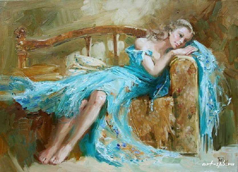 Ospała i rozmarzona w niebieskiej sukience puzzle online