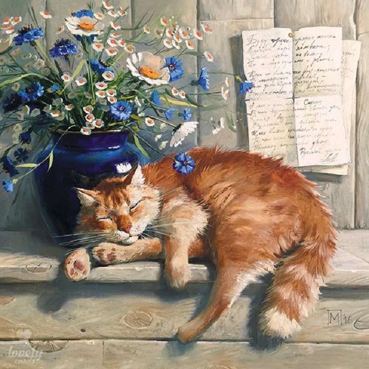 Drzemka rudego kota w cieniu niebieskiego wazonu puzzle online