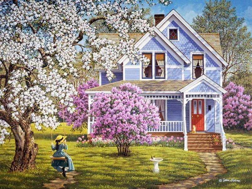 Piękny dom z wiosennymi drzewami puzzle online