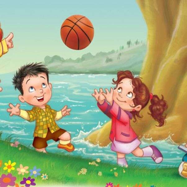 Dzieci bawiące się piłką nad jeziorem puzzle online