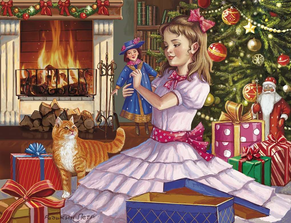 dziewczyna otwierająca prezenty świąteczne puzzle online