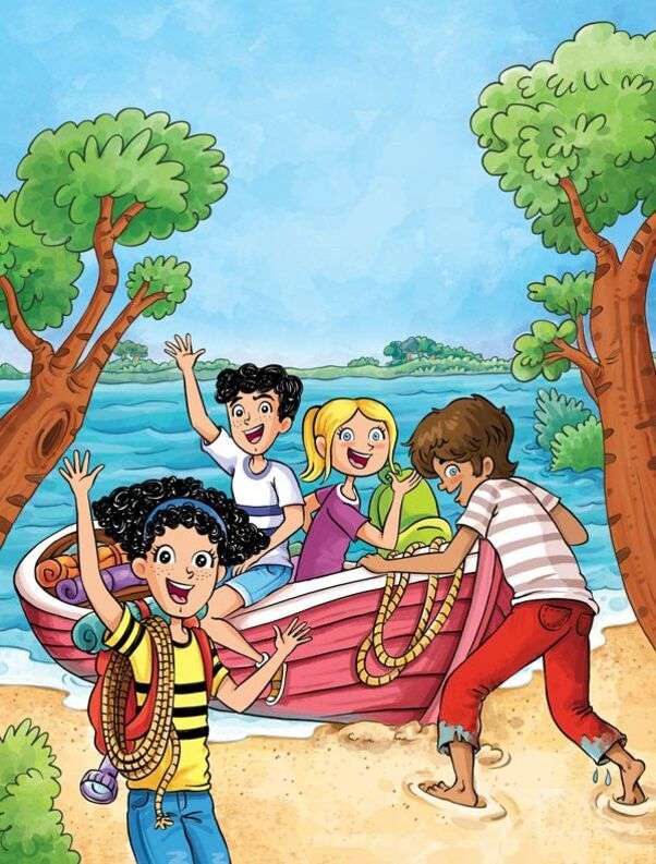 Grupa małych przyjaciół gotowa na przejażdżkę łodzią puzzle online
