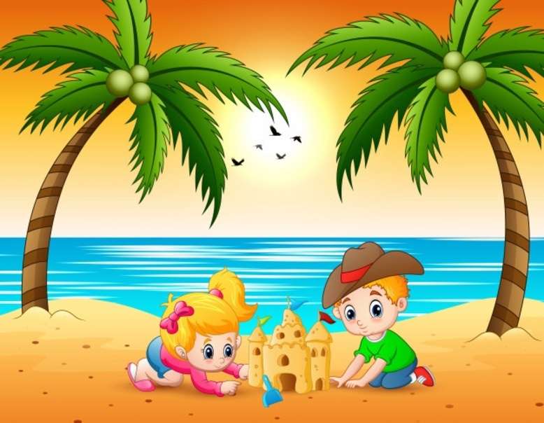Mali chłopcy robią zamek z piasku na plaży puzzle online