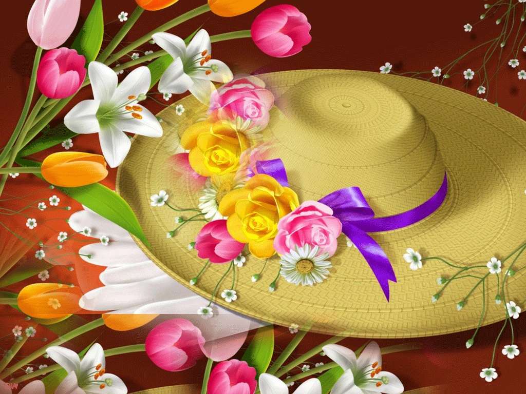 żółty kapelusz i kwiaty puzzle online