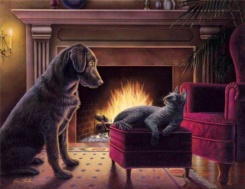 pies i kot przed kominkiem puzzle online
