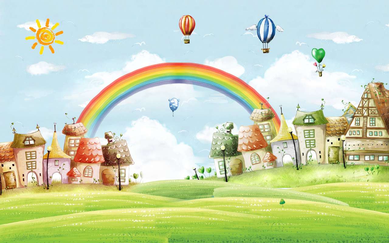 malowane miasto, tęcza i balony puzzle online