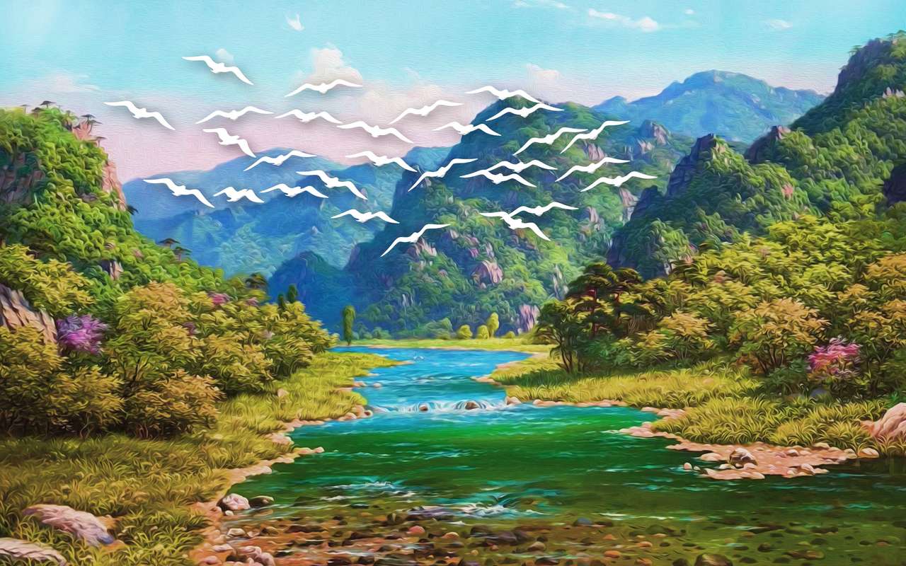 góry, las, rzeka, stado białych ptaków puzzle online