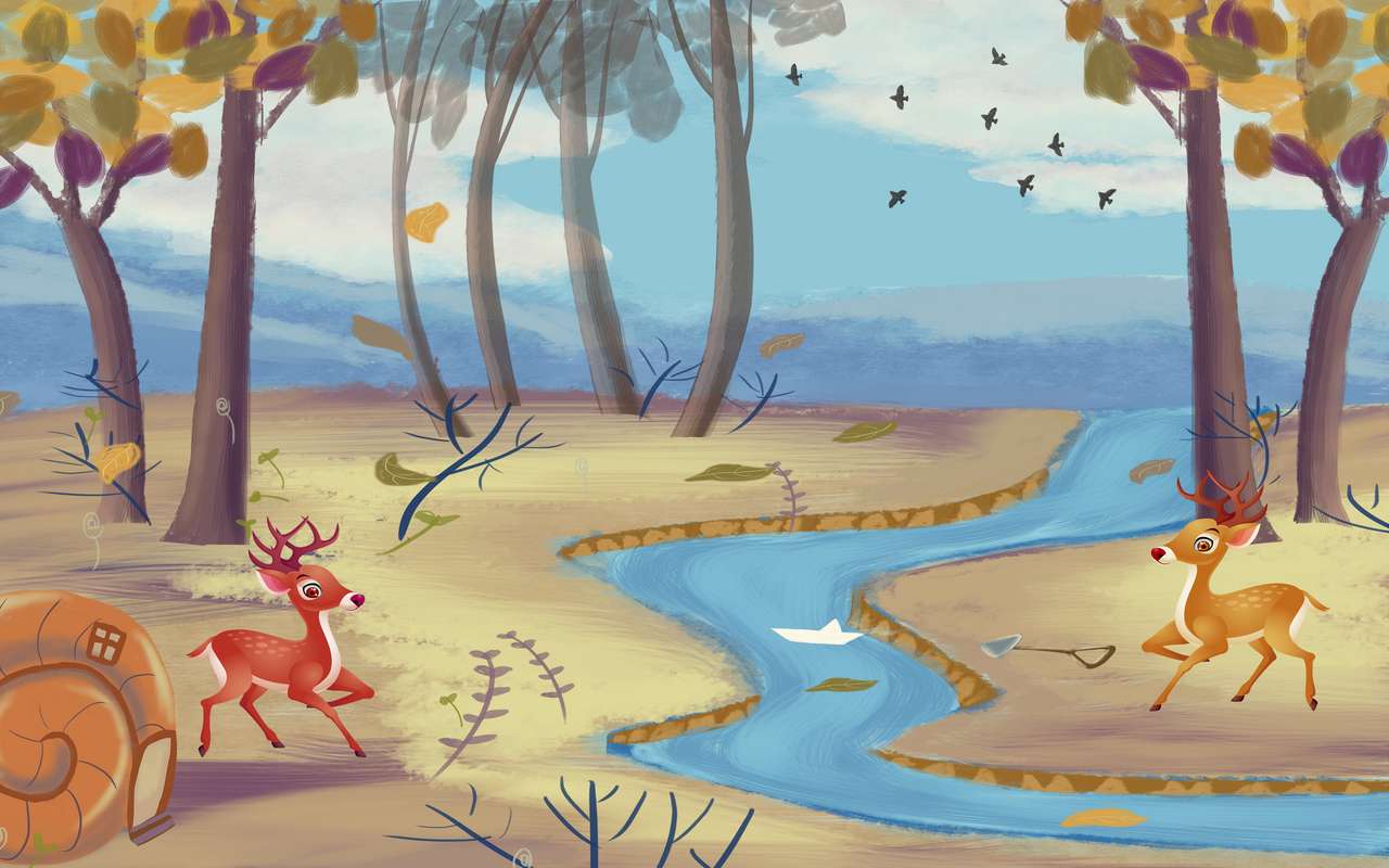 Malowany las, strumyk, dwa jelenie na polanie puzzle online