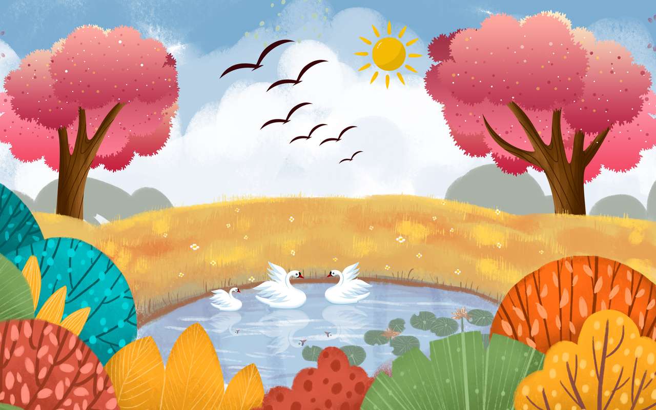 Malowany staw z łabędziami, kolorowe drzewa, jasne słońce na niebie puzzle online