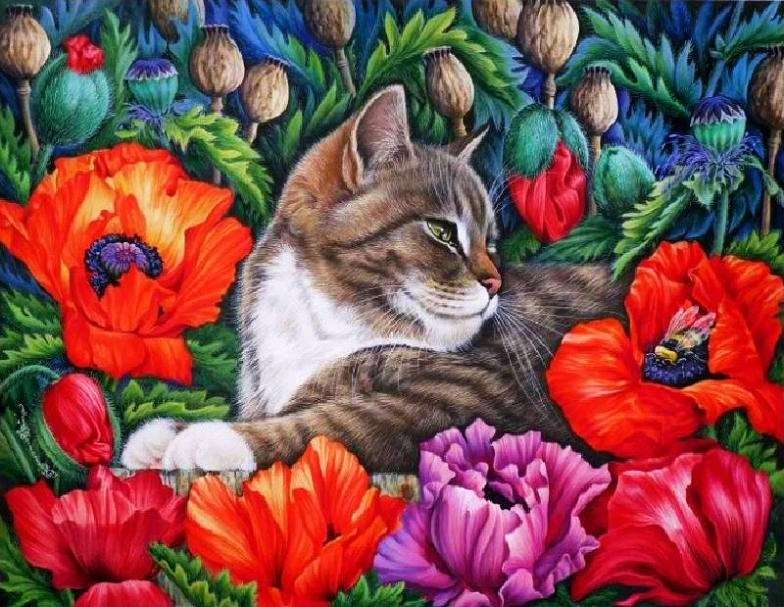 kot wśród kwiatów puzzle online